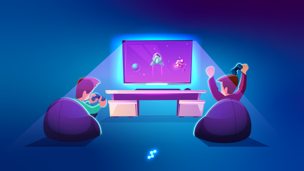 wo young boys playing a video game late at night, their faces illuminated by the blue light from the screen, highlighting the negative effects of excessive screen exposure on sleep and eye health.