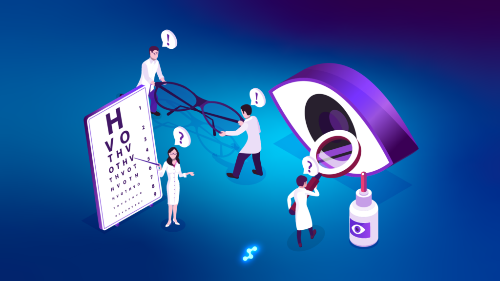 A comprehensive view of an optical salon showcasing various processes—an eye examination in progress, a customer selecting eyeglasses, and a specialist assisting with contact lens fitting, illustrating the full range of optical services.