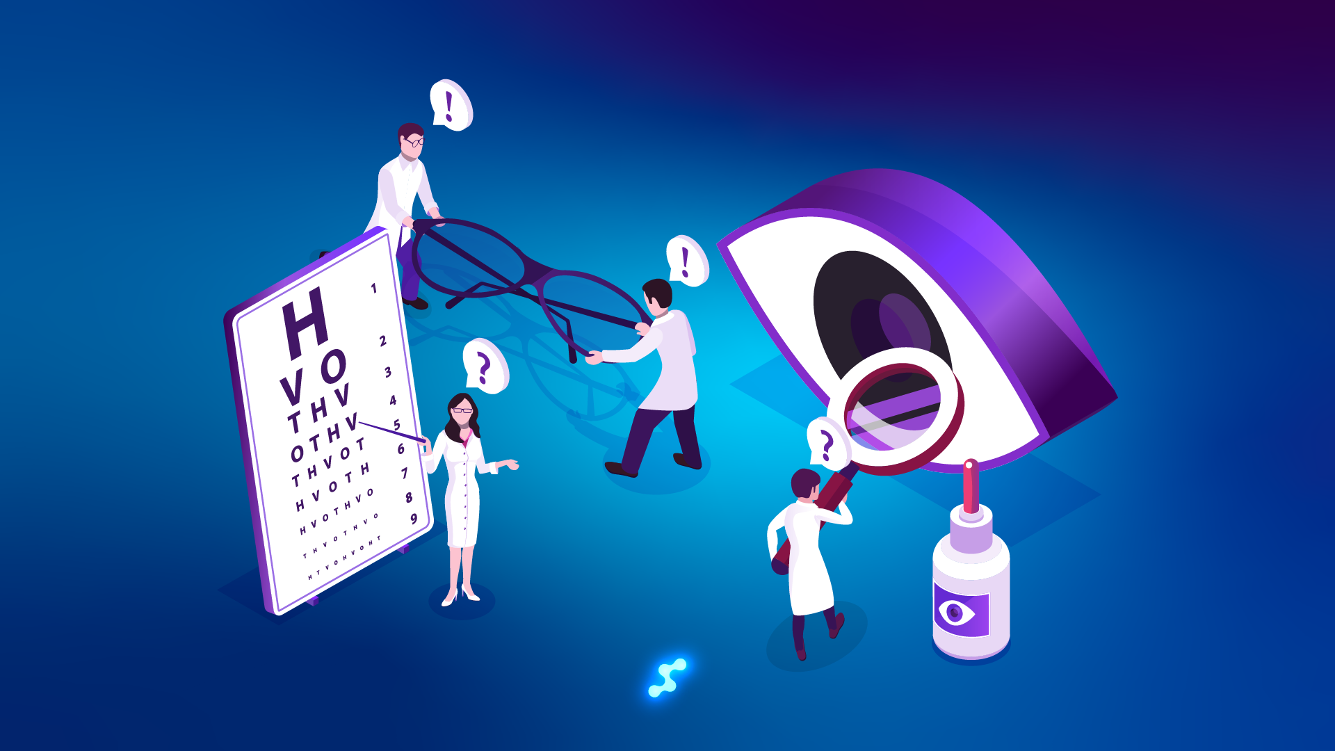 Inside an optical salon, multiple processes take place simultaneously—an eye examination being conducted, a customer trying on eyeglass frames, and a specialist assisting with contact lens selection, representing the complete journey of vision care.