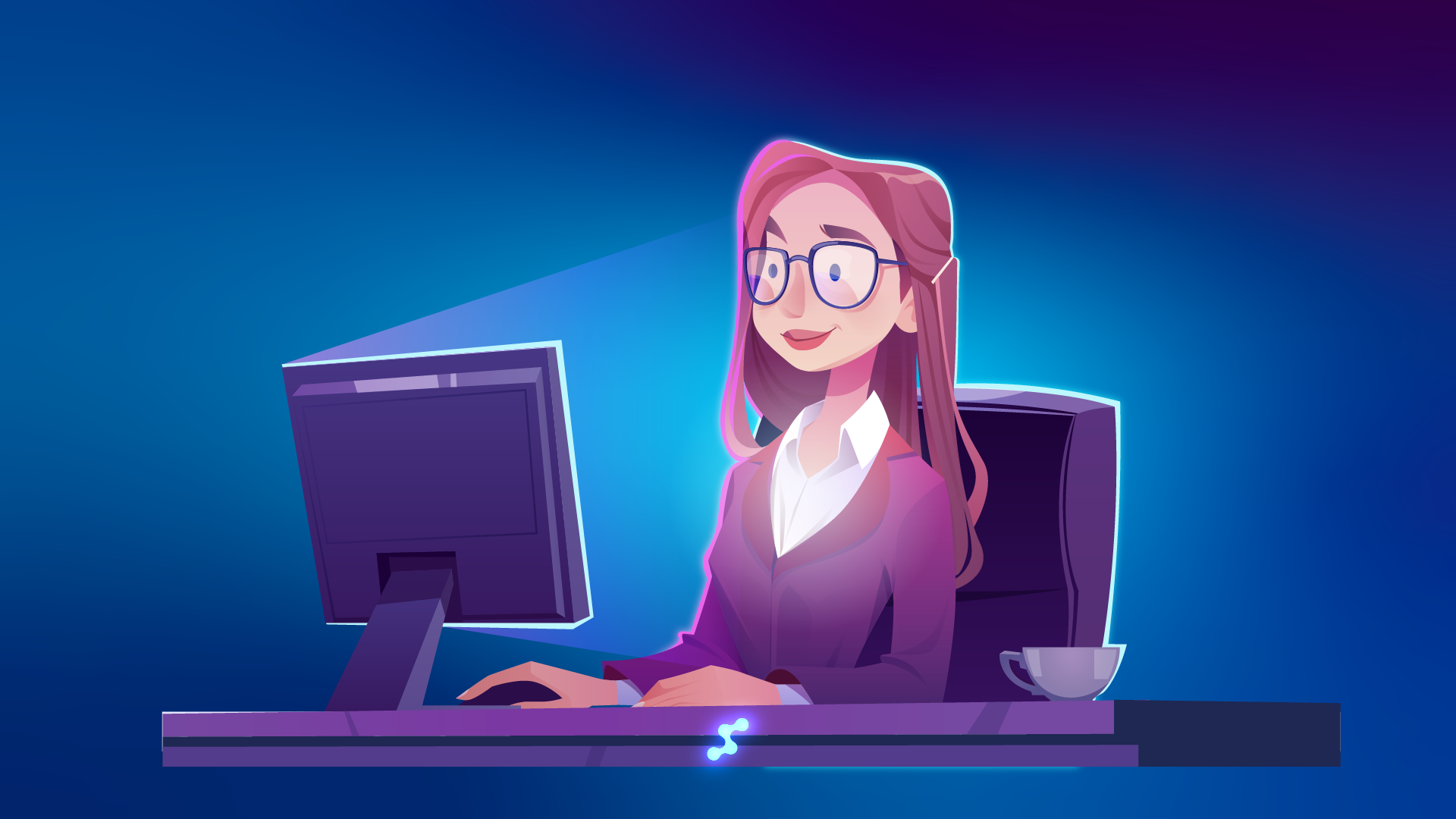 A woman wearing blue light blocking glasses sits at her computer, illuminated by the blue glow of the screen, emphasizing the need for eye protection against digital strain.