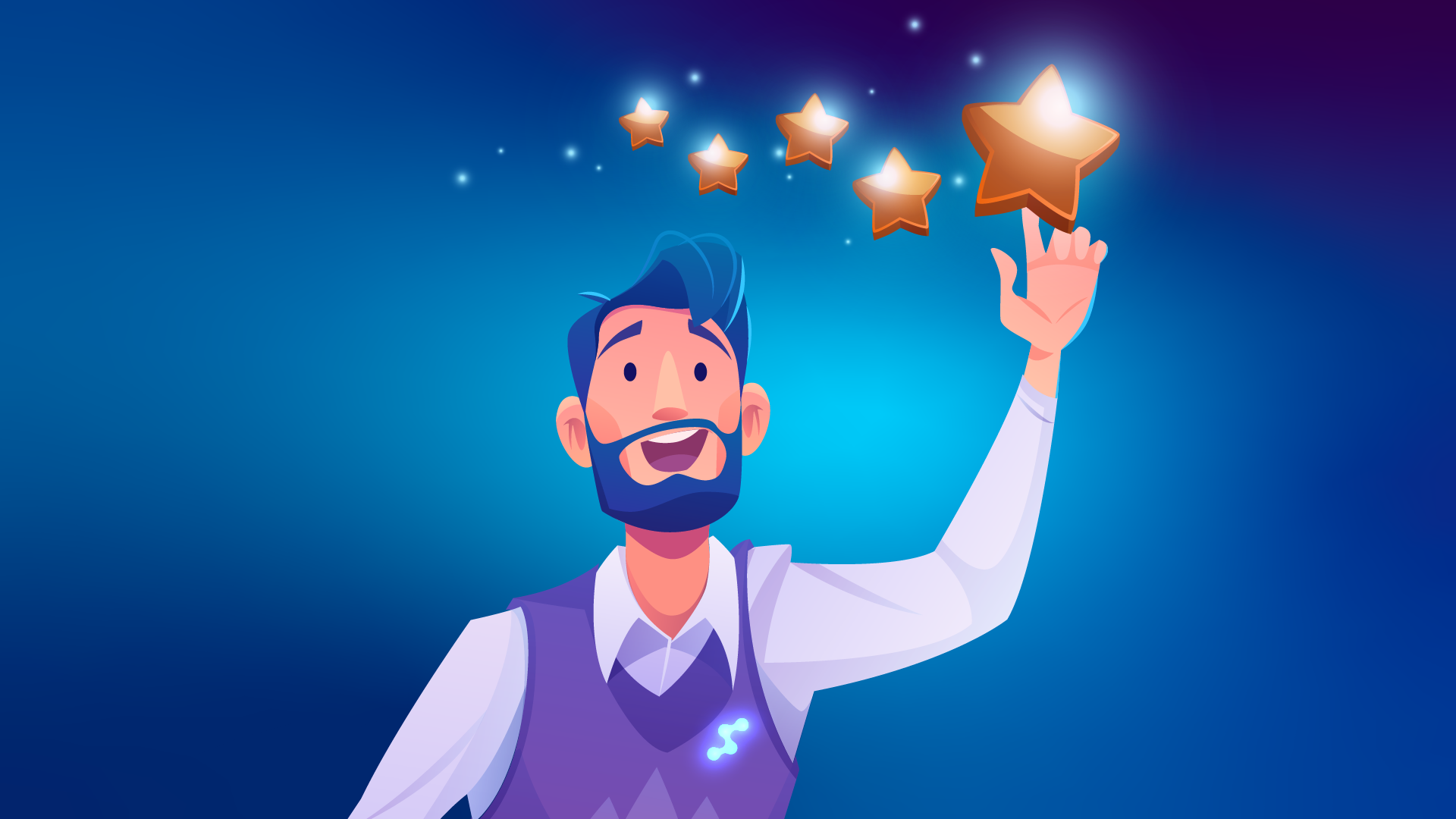 An illustration of a cheerful man in a purple vest reaching out to five glowing golden stars against a vibrant blue-to-purple gradient background. It represents excellent customer feedback and top-tier service in an optical salon.