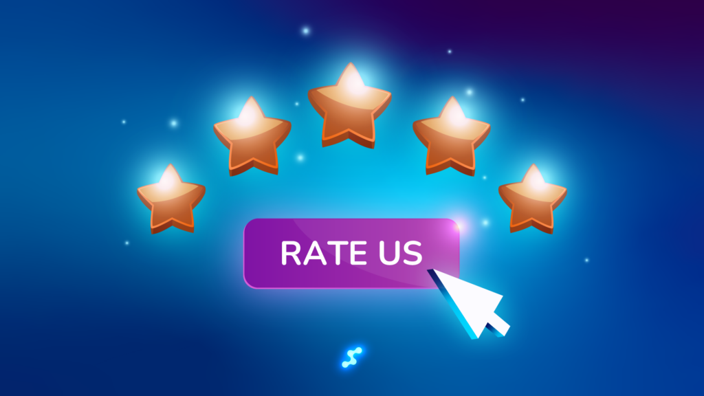 An illustration of five golden stars arranged in an arc above a glowing purple "RATE US" button, with a white cursor pointing at it. The background features a blue-purple gradient with light effects, symbolizing customer feedback and online reviews.