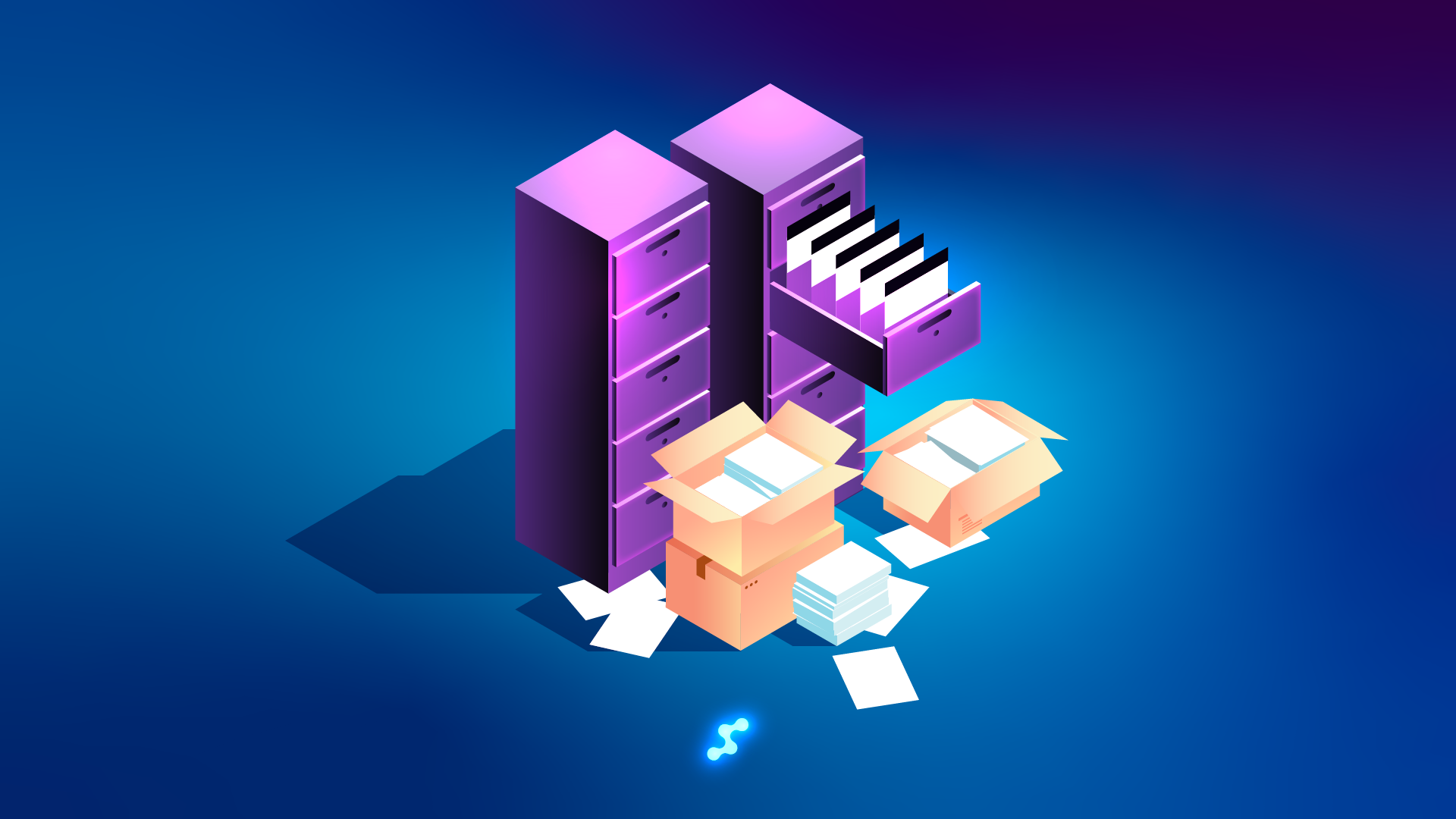 An isometric illustration featuring purple filing cabinets with open drawers, revealing folders and scattered documents. Nearby, cardboard boxes filled with paper files are placed, all set against a gradient blue background