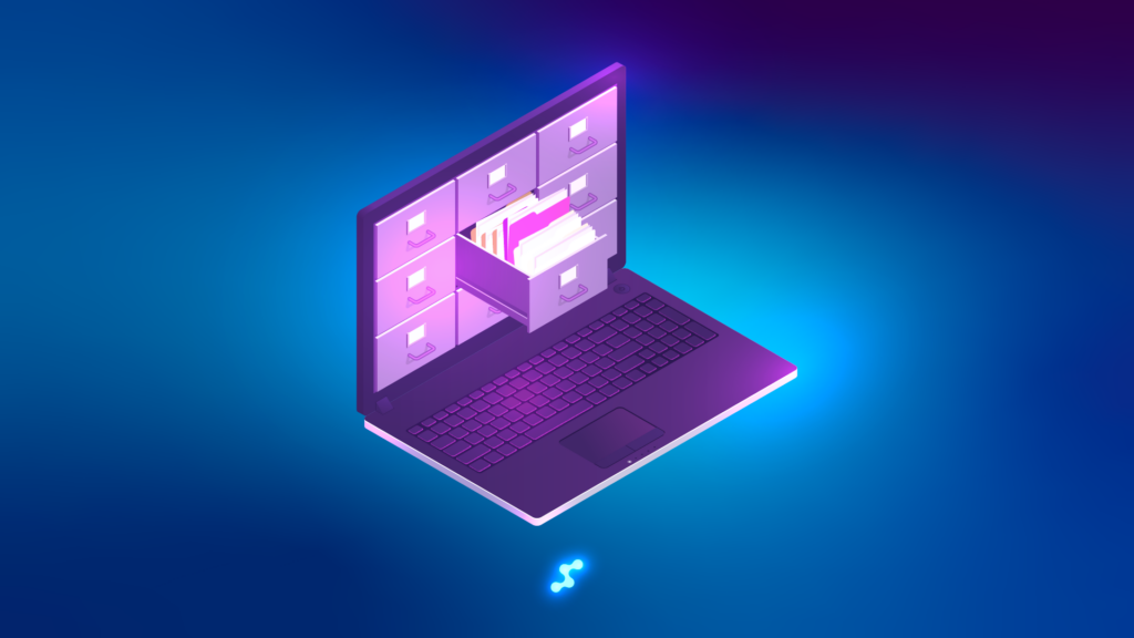 Isometric illustration of a laptop with digital filing cabinets on its screen, one drawer open revealing organized documents. Represents the digitalization of patient records and medical documentation in optical and healthcare industries.