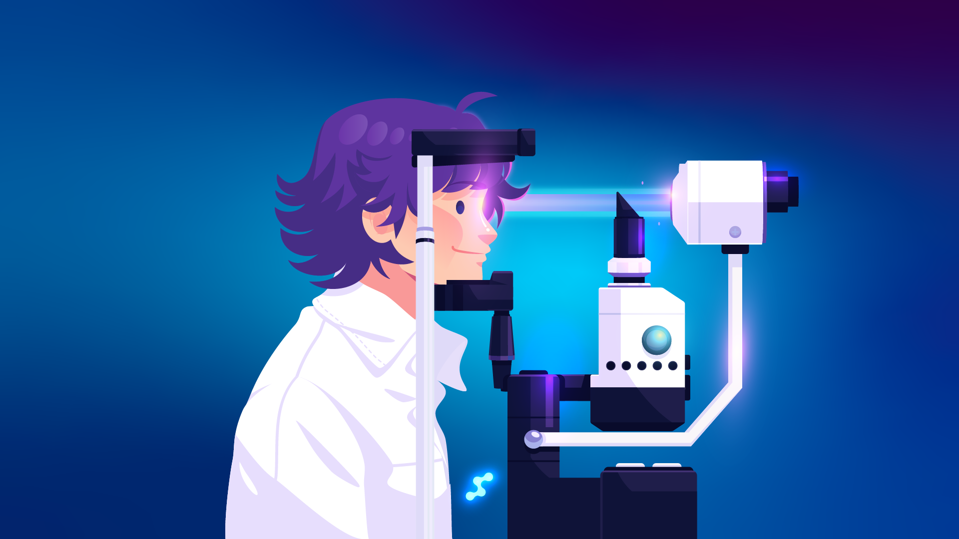 Modern illustration of a person undergoing an eye check using advanced optical equipment, set against a gradient blue background