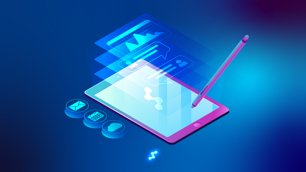 Digital tablet interface with stylus, showcasing futuristic software features such as data visualization, communication icons, and cloud integration on a vibrant blue background.